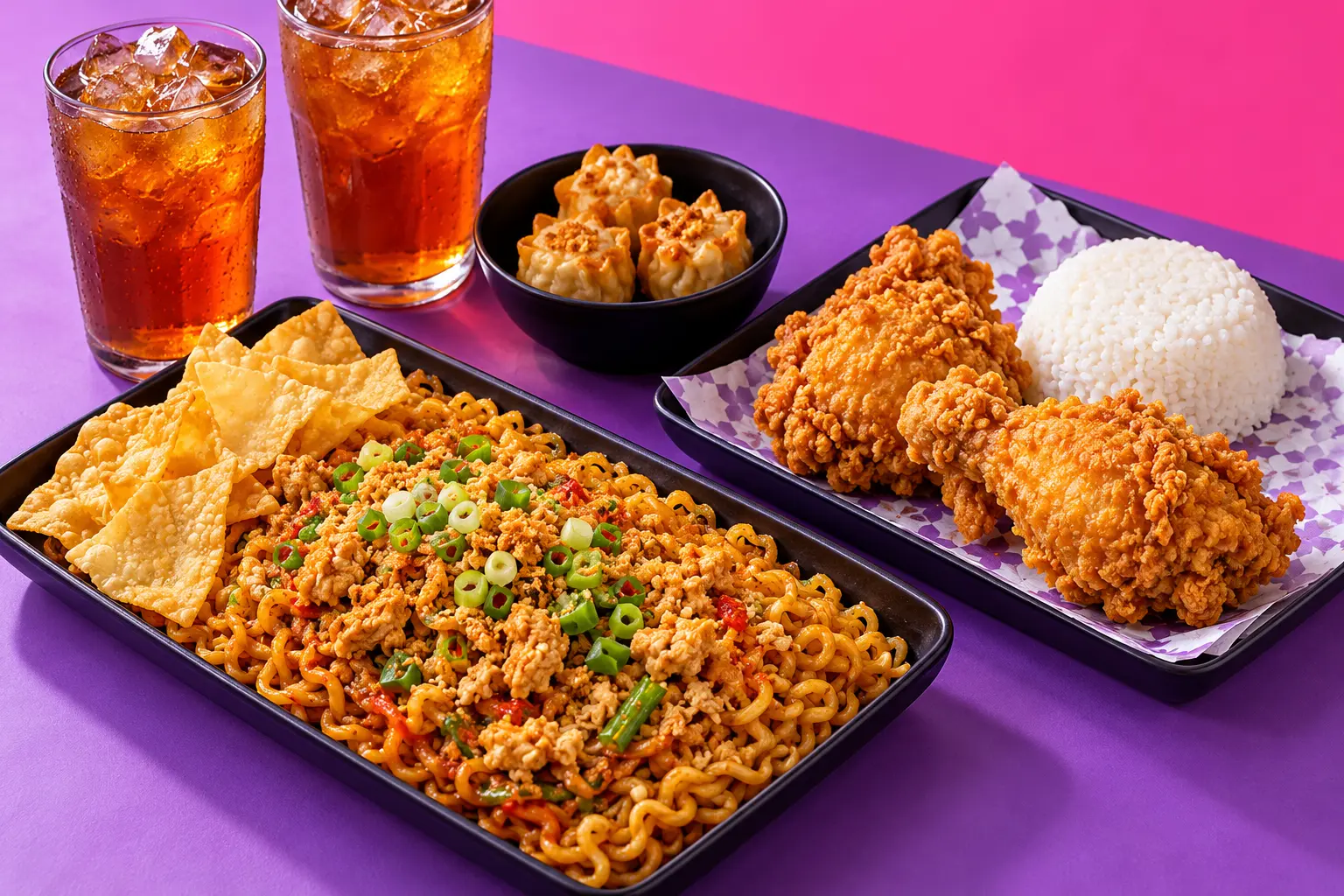 Ilustrasi paket makan bersama: mie, ayam, nasi, dimsum, dan es teh